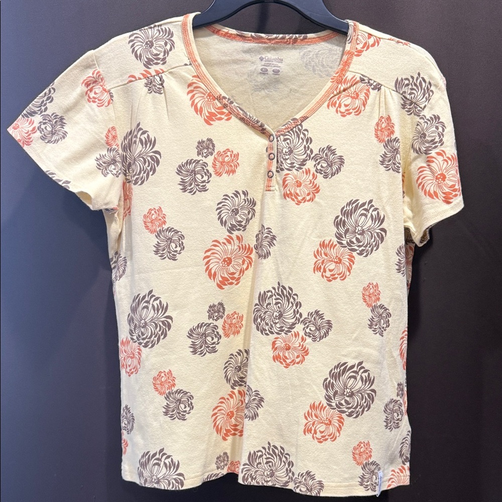 Y2K Columbia Henley Brown & Orange Floral Women's Tee Size XL